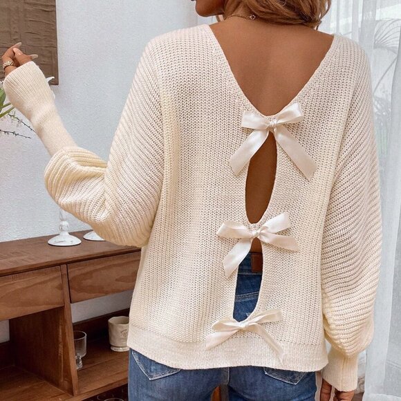 Apricot Casual Women's V-Neck Loose Fit Long Sleeve Sweater With Back Strap - Picture 4 of 6